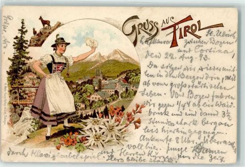Berchtesgaden 1893 Tiroler Tracht Gämse Edelweiß Vorläufer Ort handschriftlich Lithographie