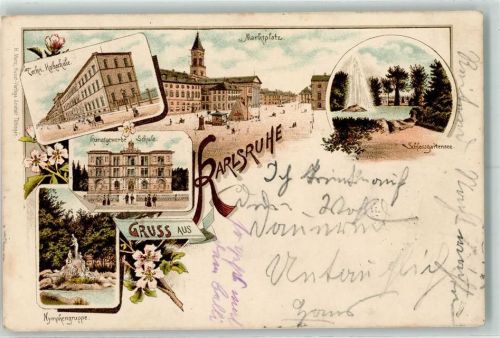 Karlsruhe Lithographie Vorläufer Druck 1890-1895 Techn. Hochschule Marktplatz Schlossgartensee Kunstgewerbe-Schule Nymphengruppe