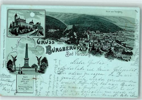 Bad Harzburg 1899 Burgberg Die alte Harzburg Canossa-Denkmal Blick vom Burgberg Lithographie/Mondschein