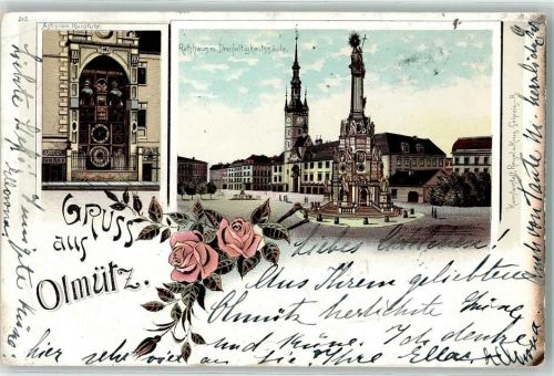 Olomouc 1896 Astronom. Kunstuhr Rathaus Dreifaltigkeitssäule Rose Kirche Lithographie