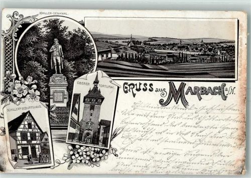 Marbach 1897 Schiller-Denkmal Oberer Torturm Schillers Geburtshaus Lithographie