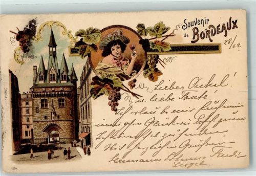 Bordeaux 1898 Frau Weinglas Weintrauben Lithographie