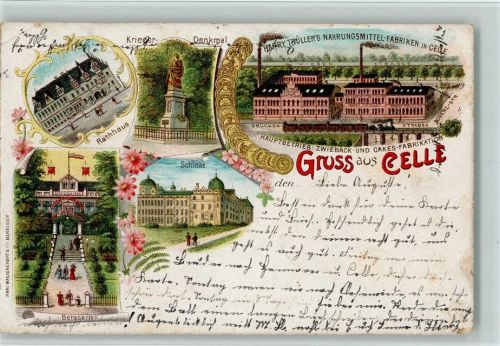 Celle 1900 Gruss aus - Litho, Trüllers Fabrik mit Eisenbahn, Kriegerdenkmal , Schloß , Eckknick AK