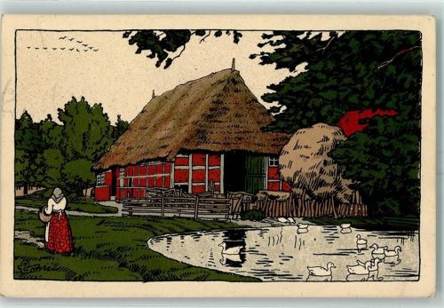 1915 Dorfidyll Teich Enten Lüneburger Heide sign