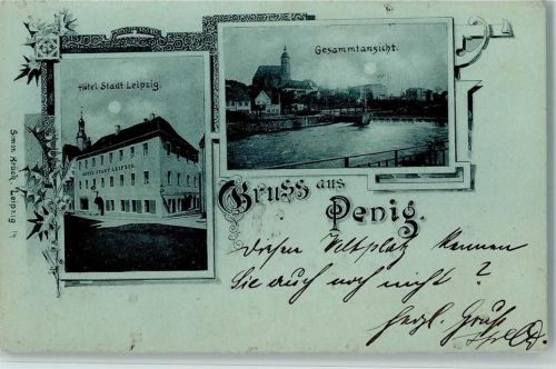 Penig 1900 Gruss aus - Hotel Stadt Leipzig, Partie am Wehr AK