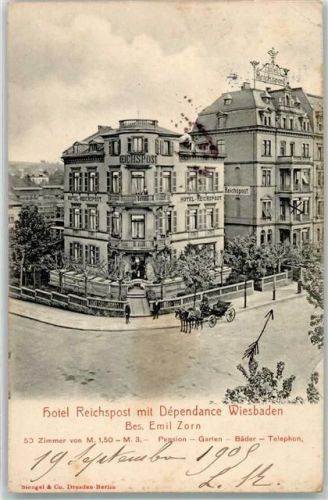 Wiesbaden 1905 Hotel Reichspost Dependance Pension Garten Bäder Kutsche