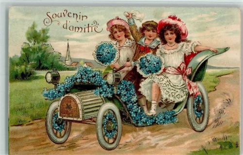 1907 Kinder, Auto mit Blüten geschmückt, Vergissmeinnicht, gute Erhaltung AK