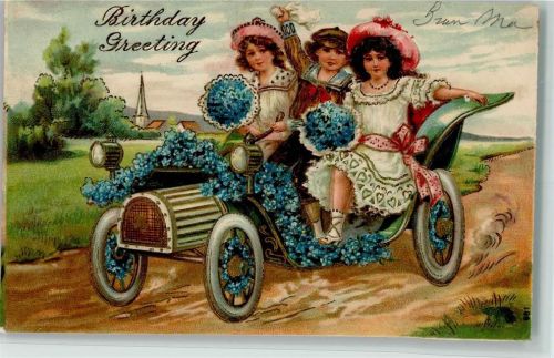 1907 Birthday - Kinder im Automobil, Vergissmeinnicht , gute Erhaltung AK