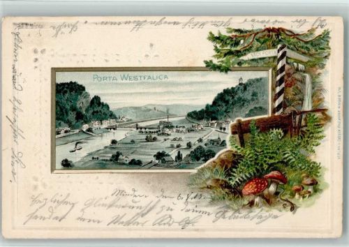 Porta Westfalica 1903 Prägedruck Wegweiser Pilze Schlange Wasserfall Lithographie