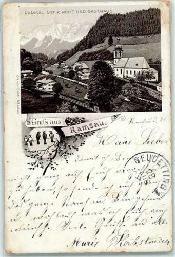 Ramsau 1895 Vorläufer Druck 1890-1895 , Lithographie Kirche Gasthaus