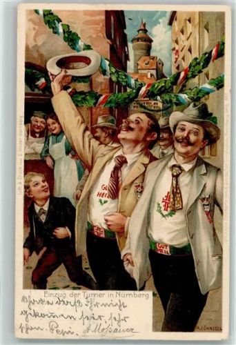 Nürnberg X. Deutsches Turnfest 1903 Offizielle Postkarte der Turnfestleitung Nr 1 Die Feststadt Einzug der Turner sign A. Jöhnssen