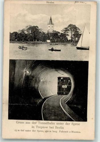 Treptow 1911 Gruss aus der Tunnelbahn unter der Spree Stralau Segelboot Ruderboot