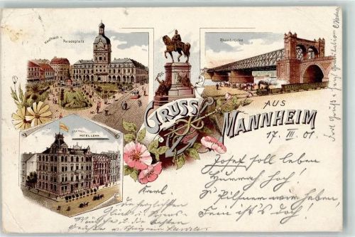 Mannheim 1901 Kaufhaus Paradeplatz Hotel Lehn Reiterstand-Denkmal Rheinbrücke Lithographie