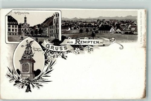 W8960 Kempten (Allgäu) Vorläufer Druck 1890-1895 Rathausplatz Kriegerdenkmal Vorläufer Lithographie