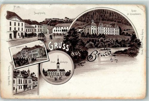 Bruck 1895 Hauptplatz Kloster der Kreuzschwestern Volksschule Stadtpfarrkirche Theater Lithographie