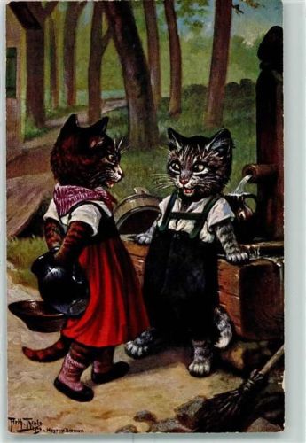 Tiere vermenschlicht Katzen Besen Brunnen Wasserkrug TSN Serie 975