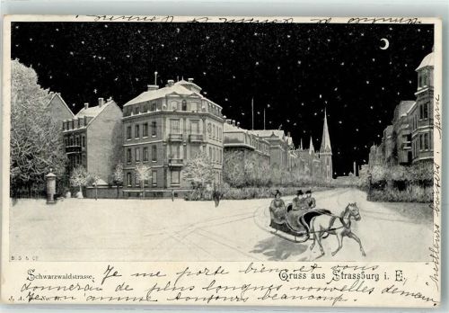 Strasbourg 1899 Winter Schwarzwaldstraße bei Nacht Pferdeschlitten