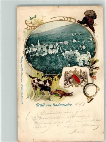 Badenweiler 1901 Jagdtiere Jagd Wappen Auerhahn Passepartout Lithographie