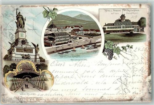 65385 W6220 Niederwald , Jagdschloß 1897 Lithographie Niederwalddenkmal Hotel zum Anker Hotel u. Pension Jagdschloss