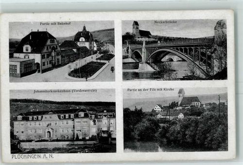 Plochingen Partie mit Bahnhof Neckarbrücke Johanniterkrankenhaus Vorderansicht Partie an der Fils mit Kirche