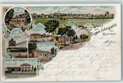 Haguenau 1901 Truppenübungsplatz Depot-Cantine Kaltenhausen Gasthaus Pavillon Lager-Cantine Gernerals-Gebäude Bahnhof Oberhofen