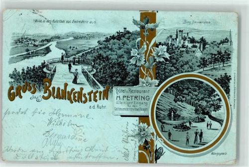 Blankenstein 1904 Ruhrthal Burg Königsplatz Hotel Gasthaus Petring Pension Lithographie Blumen