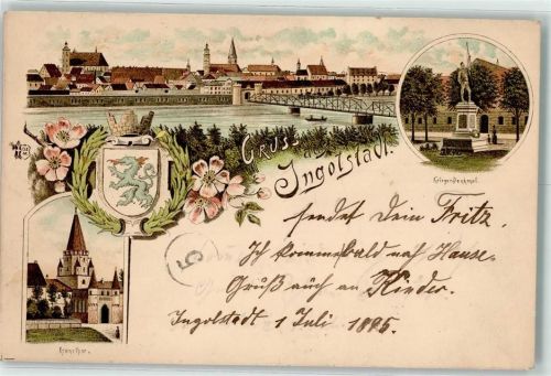 Ingolstadt 1895 Kreuztor Kriegerdenkmal Donaubrücke Wappen Vorläufer