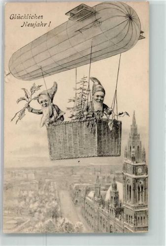 mit dem Zeppelin über der Stadt Neujahr Verlag R.F.W.S. 176 Zwerg 1912 Künstlerkarte