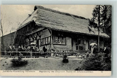 Mannheim 1907 Jubiläumsausstellung Begrüßung des Erbgrossh. Paares im Schwarzwaldhaus