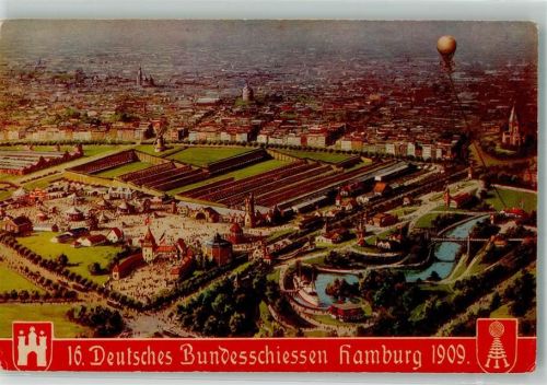 Hamburg 1909 Vogelschau des Ausstellungsgeländes des 16. Deutschen Bundesschiessen mit Fesselballon Verlag Knackstedt & Nather 100