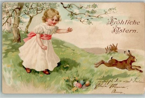 1905 Mädchen sucht ein Ostereiernest Hasen AK