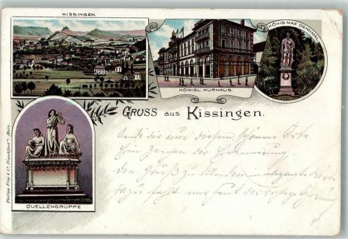 Bad Kissingen 1898 Lithographie Bahnpost Cöln Frankfurt Zug 50 5.7.98 Quellengruppe Königl. Kurhaus König Max Denkmal