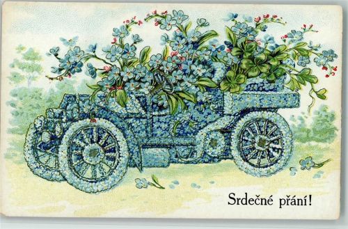 1907 Srdecne prani - Blütenauto aus Vergissmeinnicht, gute Erhaltung AK