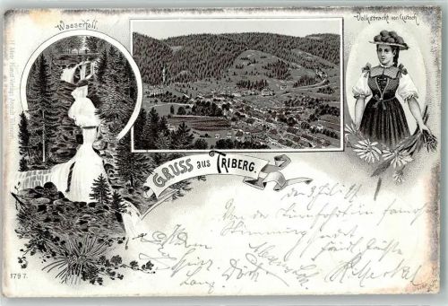Triberg 1897 Bahnpost Singen Engelberg Zug 390 4.7.97 Wasserfall Tracht Lithographie