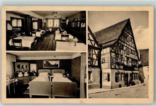 Rothenburg Gasthaus zum Breiterle Fremdenzimmer Bett Waschtisch Spiegel Wandbild Fachwerkhaus Gastraum Blumen Vase