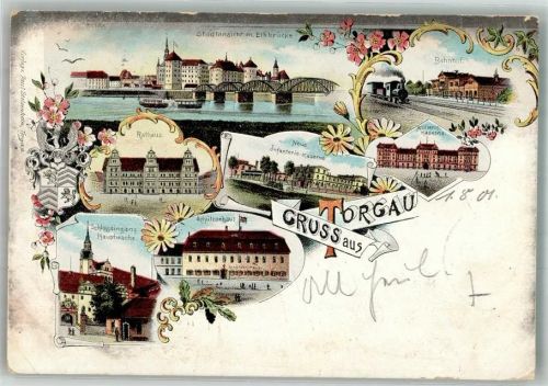 Torgau 1901 Bahnhof Eisenbahn Schloss Elbebrücke Schützenhaus Kaserne Rathaus Lithographie beschnitten