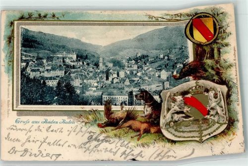 Baden-Baden Kirche Wappen Krone Adler Hund Jagd Auerhahn Gruss