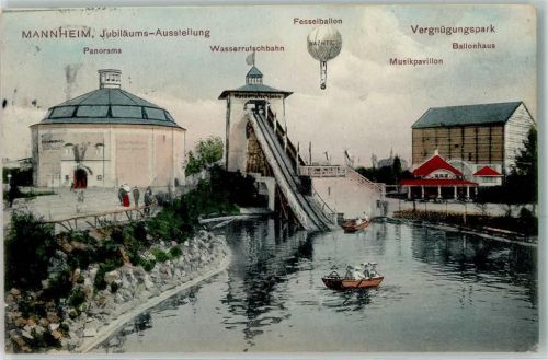 Mannheim 1916 Jubiläums Ausstellung Wasserrutschbahn Fesselballon Musikpavillon Ballonhaus Vergnügungspark Ruderboot Fahne