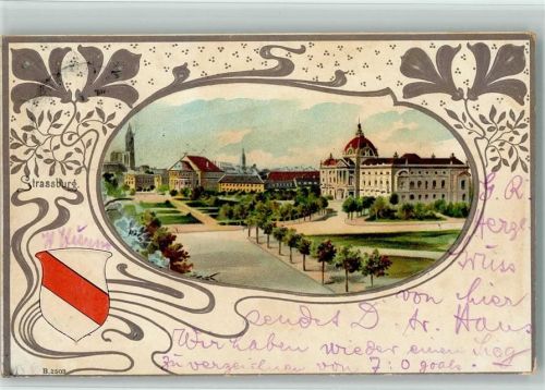 Strasbourg 1907 Prägedruck Wappen Jugendstilrahmen Lithographie