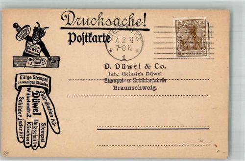 Braunschweig 1918 Stempel Düwel Drucksache Den Empfang einer Schablone bestätigt Konserven Fabrik Liegnitz