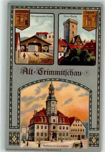 Crimmitschau Alte zugemachte Brücke Roter Turm Rathaus vor dem Umbau Festpostkarte 500 Jahrfeier