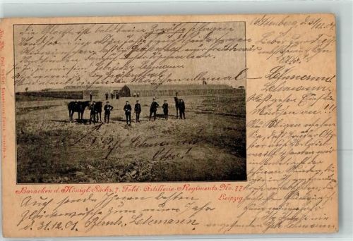 Leipzig 1901 Kgl. Sächs. Feld Artillerie Regiment Nr. 77 Baracken - Rückseite handgemat Soldat