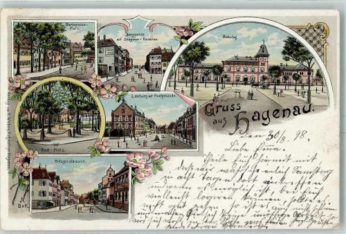 Haguenau 1898 Barbarossa-Platz Burggasse mit Dragoner-Kaserne Bahnhof Landweg mit Postgebäude Reit-Platz Metzgerstraße