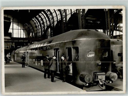 W2000 Hamburg Deutsche Reichsbahn 1. Doppeldeckzug im Bahnhof Lokomotive 1936 Foto AK