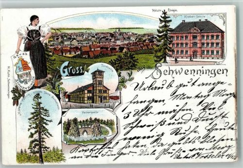 Schwenningen 1897 Gruss aus - Knaben Schule, Wappen, Turnhalle , Neckar Quelle AK