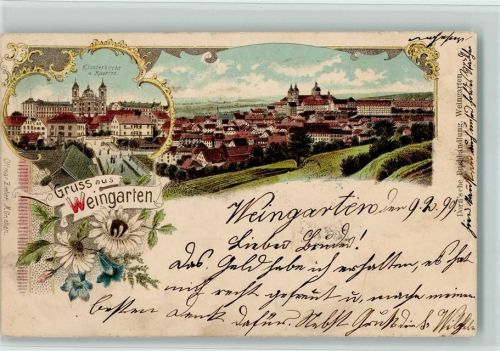 Weingarten 1899 Gruss aus - Klosterkirche u. Kaserne , gute Erhaltung AK