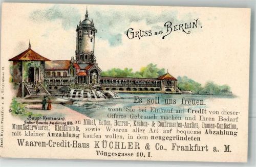 Treptow Berlner Gewerbe-Ausstellung 1896 Hauptgasthaus Werbekarte Waren-Kredit-Haus Küchler Frankfurt