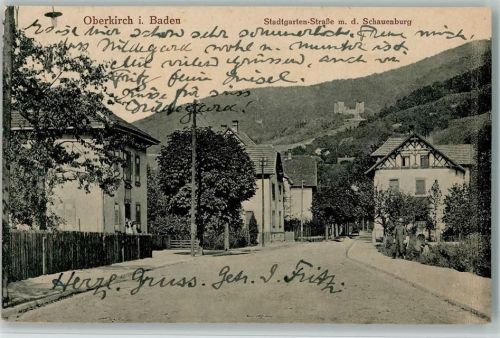 Oberkirch 1919 Stadtgarten Straße AK Bahnpost Appenweiler-Oppenau Zug 1355 9.6.19