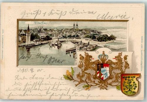 Lindau 1900 Prägedruck Bodensee Hafen Wappen Passepartoutkarte