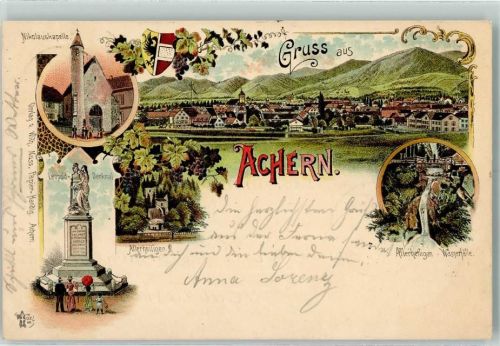 77855 W7590 Achern , Baden 1897 Lithographie Nikolauskapelle Lepold-Denkmal Allerheiligen-Wasserfälle